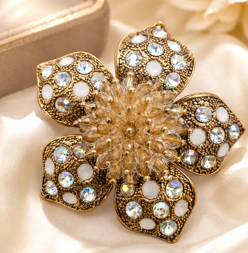 Vintage Liz Claiborne LC Flower Brooch AB Rhinestone White Enamel Beaded 2"